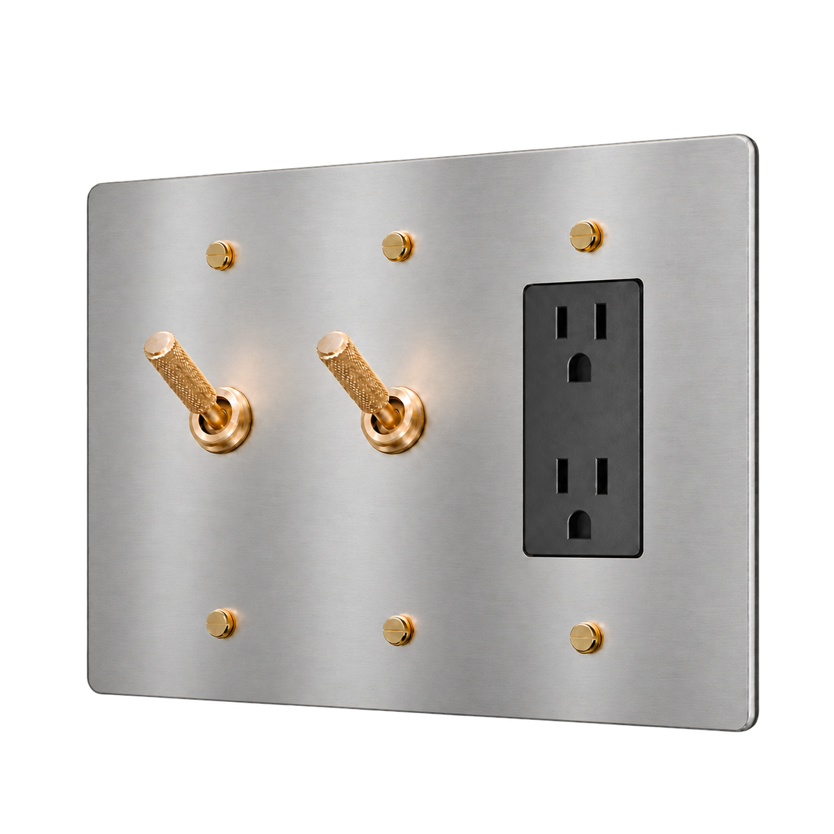 Brass Plate with 2 Knurled Toggles & Duplex Outlet — 3-Gang — Stainless Steel