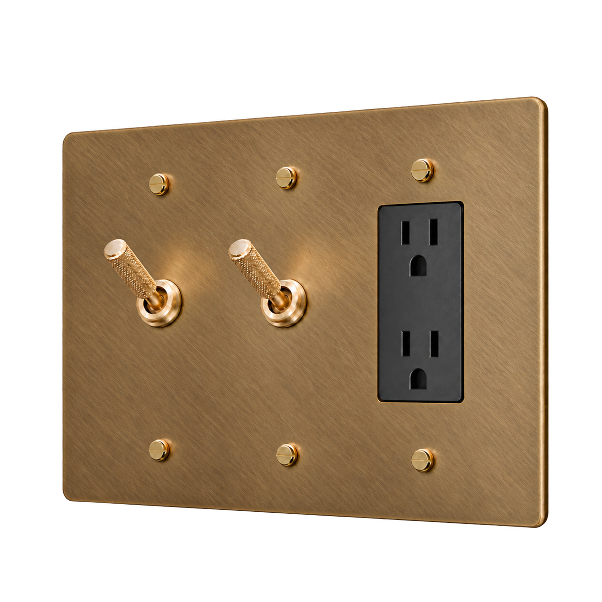 Brass Plate with 2 Knurled Toggles & Duplex Outlet — 3-Gang — Unlacquered Antique Brass (Hand-Brushed)