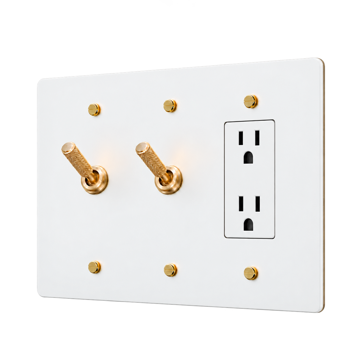 Brass Plate with 2 Knurled Toggles & Duplex Outlet — 3-Gang — White