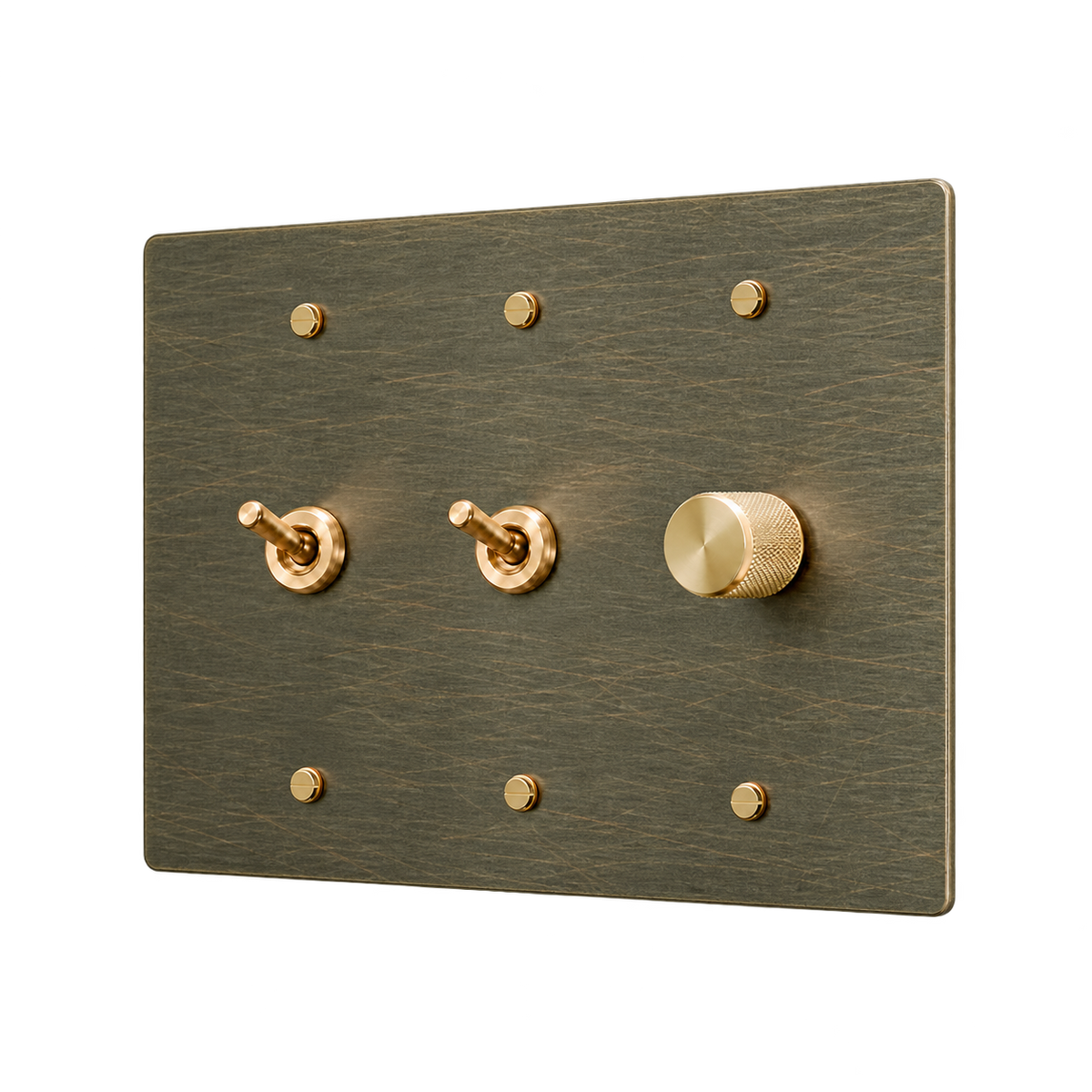 Retro Brass Plate with 2 Toggles & Dimmer — 3-Gang — Aged Bronze (Hand-Brushed)