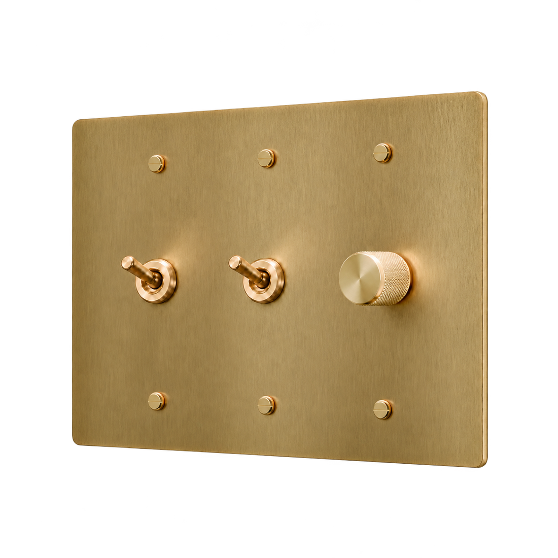 Retro Brass Plate with 2 Toggles & Dimmer — 3-Gang — Satin Brass