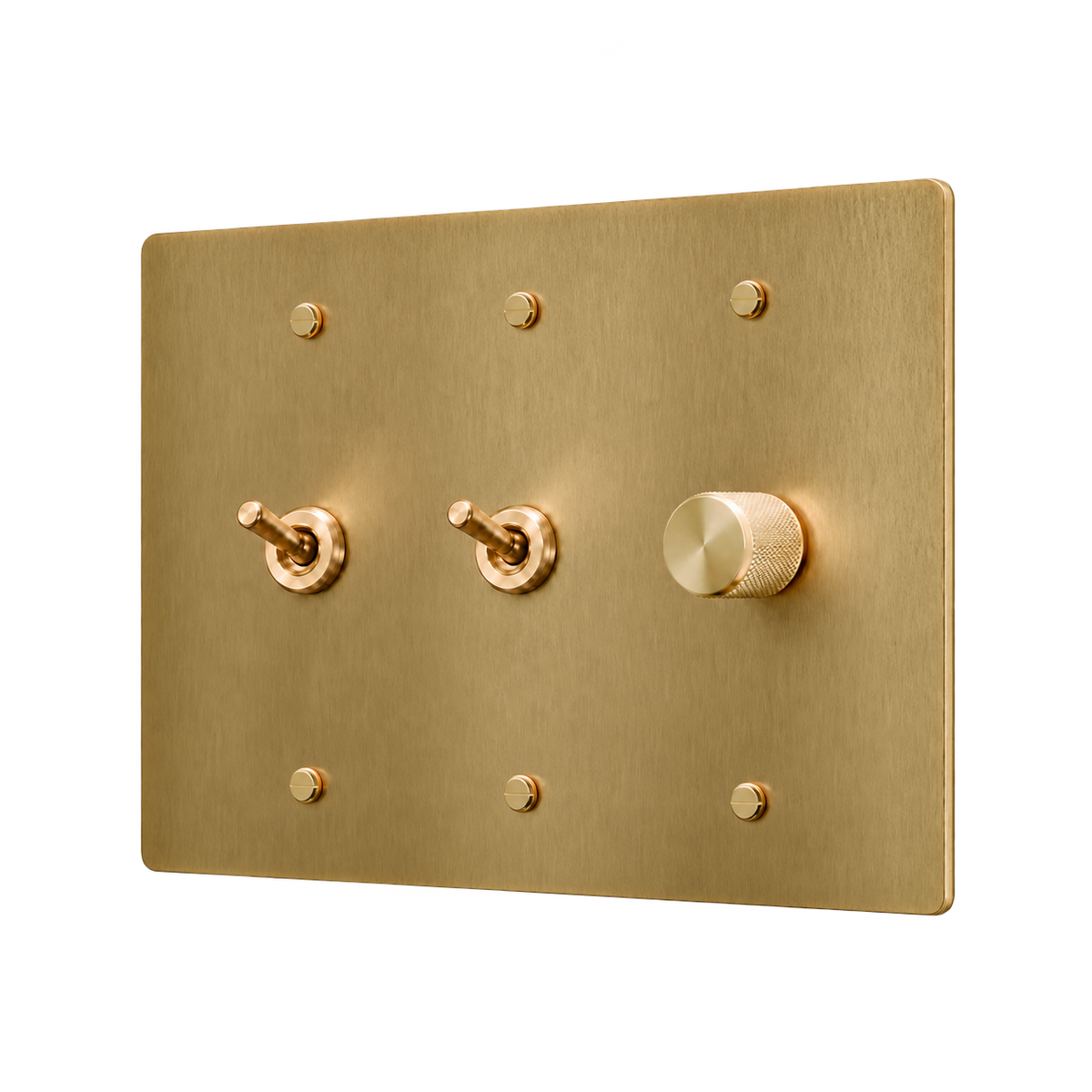 Retro Brass Plate with 2 Toggles & Dimmer — 3-Gang — Antique Brass (Hand-Brushed)
