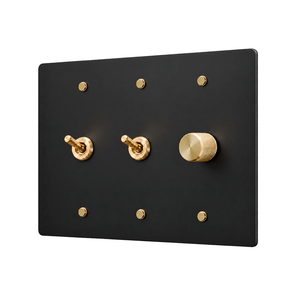 Retro Brass Plate with 2 Toggles & Dimmer — 3-Gang — Matte Black