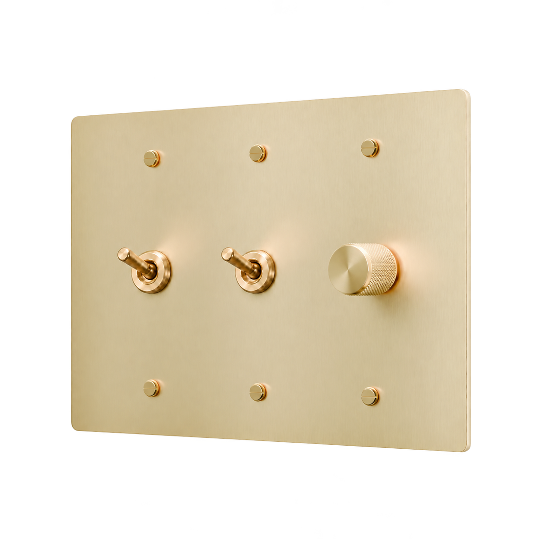 Retro Brass Plate with 2 Toggles & Dimmer — 3-Gang — Satin Brass