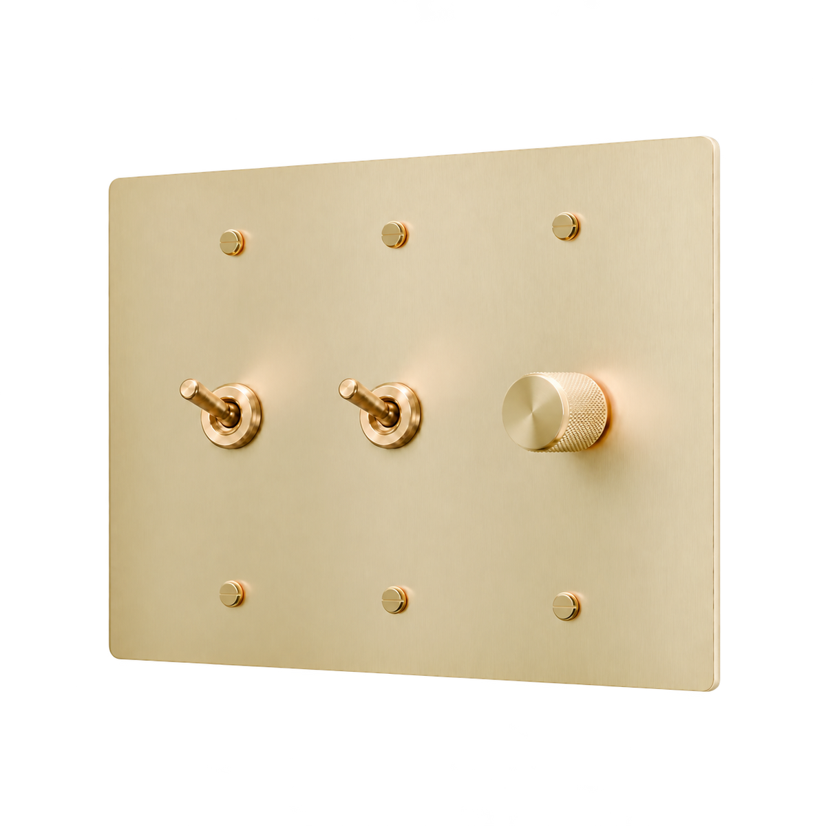 Retro Brass Plate with 2 Toggles & Dimmer — 3-Gang — Satin Brass