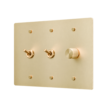 Retro Brass Plate with 2 Toggles & Dimmer — 3-Gang — Satin Brass