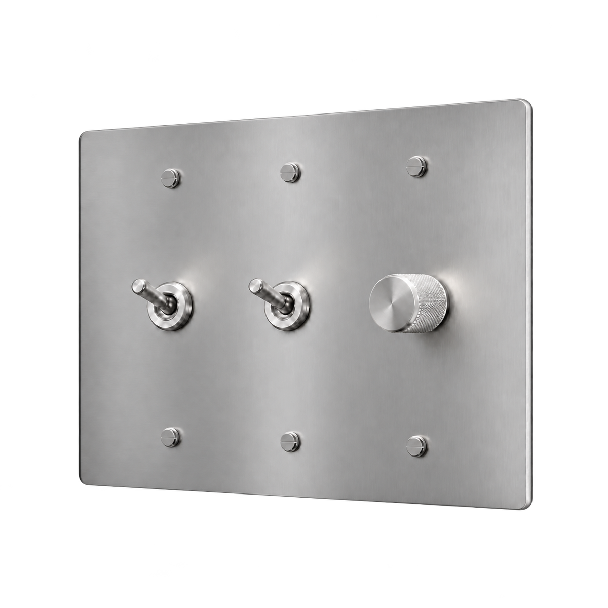 Retro Brass Plate with 2 Toggles & Dimmer — 3-Gang — Stainless Steel