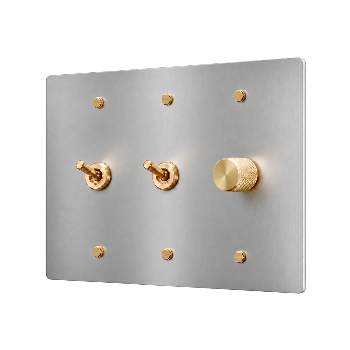 Retro Brass Plate with 2 Toggles & Dimmer — 3-Gang — Stainless Steel & Brass