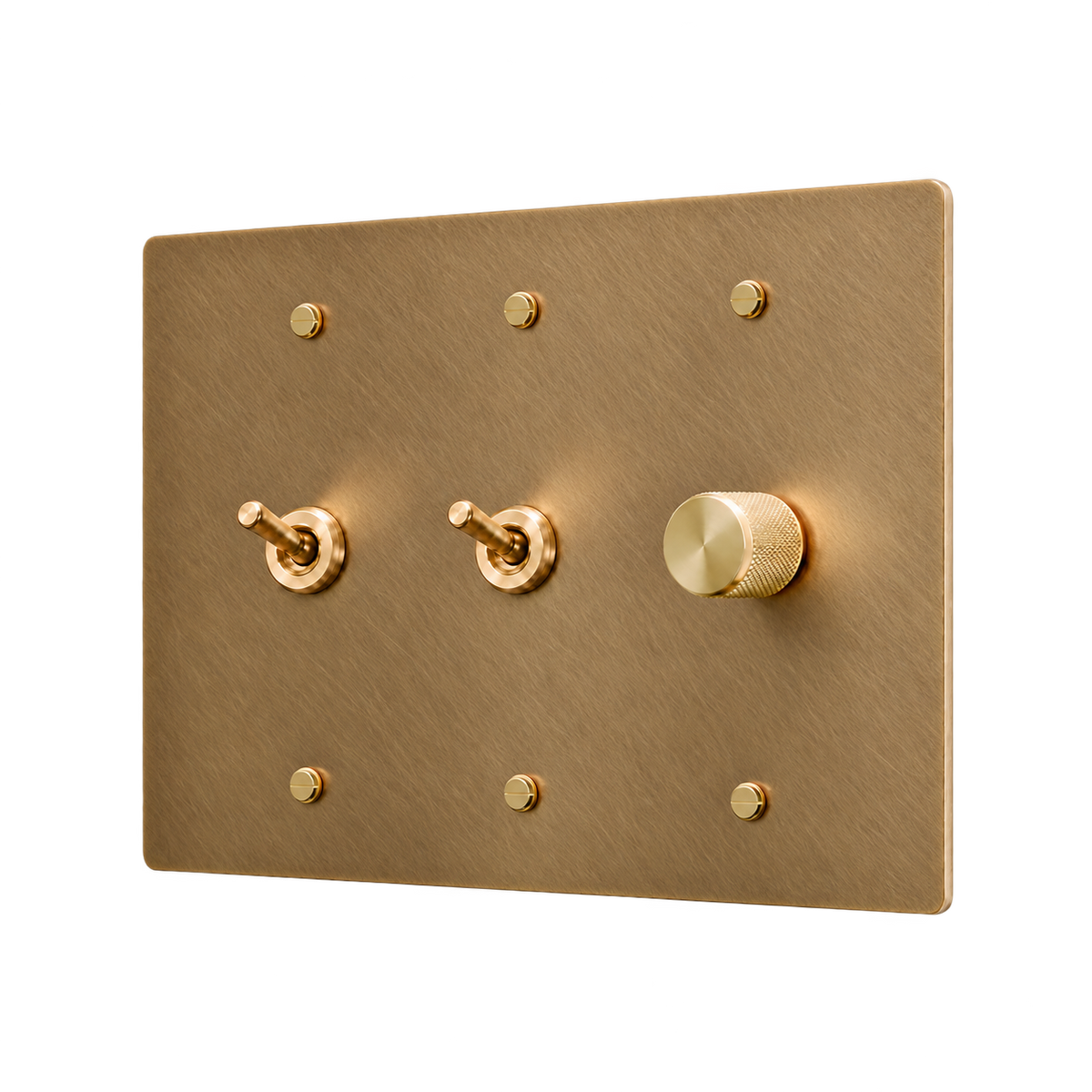 Retro Brass Plate with 2 Toggles & Dimmer — 3-Gang — Unlacquered Antique Brass (Hand-Brushed)