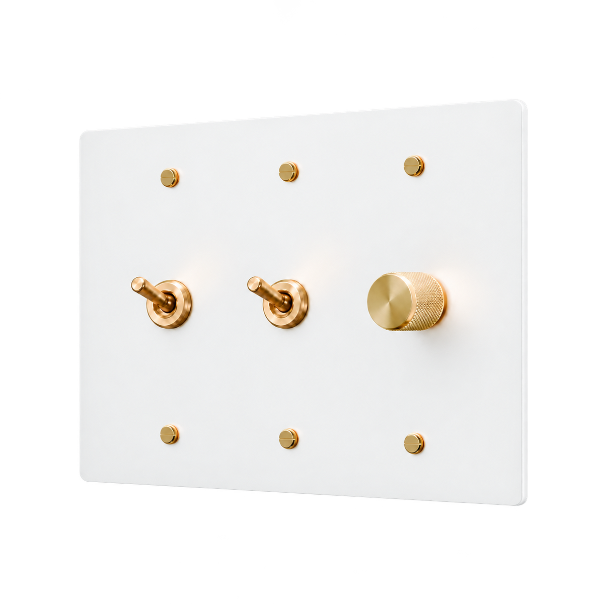 Retro Brass Plate with 2 Toggles & Dimmer — 3-Gang — White
