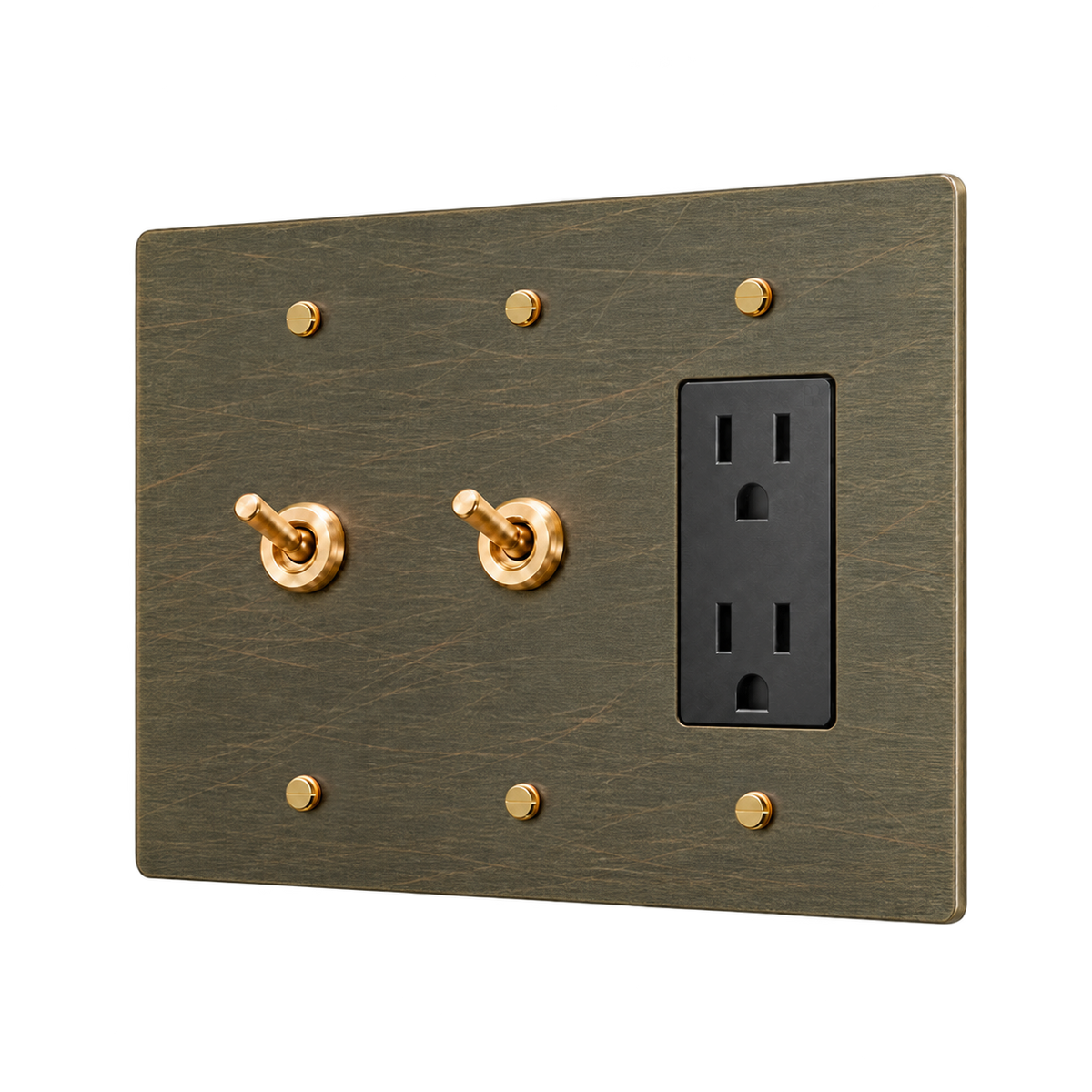 Retro Brass Plate with 2 Toggles & Duplex Outlet — 3-Gang — Aged Bronze (Hand-Brushed)