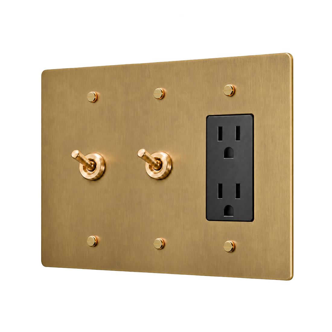Retro Brass Plate with 2 Toggles & Duplex Outlet — 3-Gang — Satin Brass
