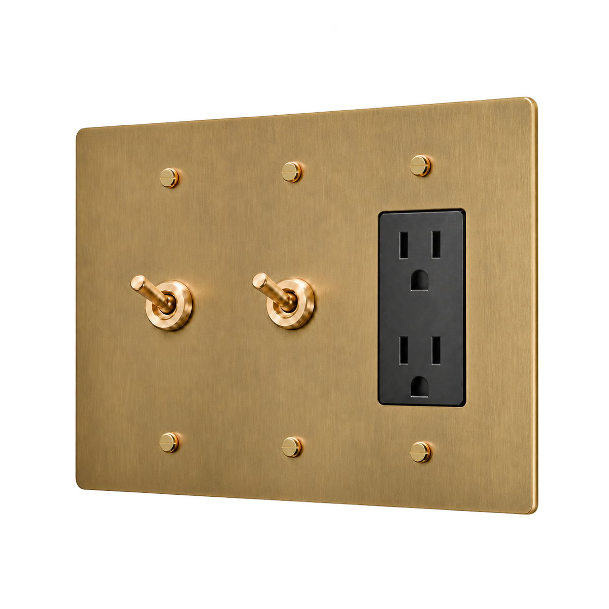 Retro Brass Plate with 2 Toggles & Duplex Outlet — 3-Gang — Antique Brass (Hand-Brushed)