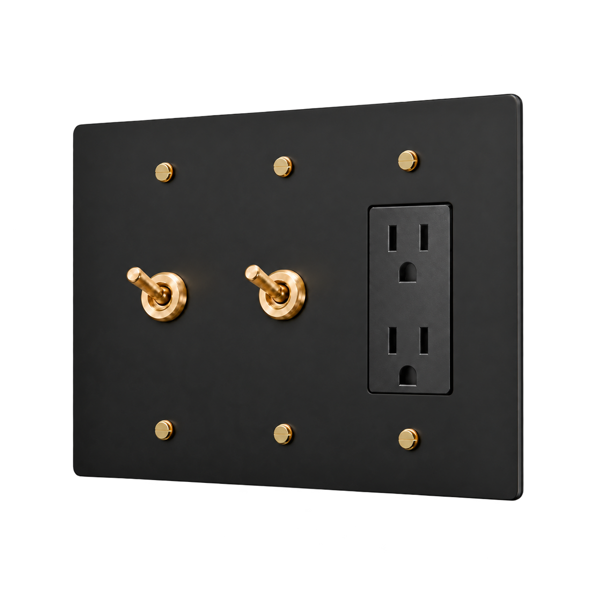 Retro Brass Plate with 2 Toggles & Duplex Outlet — 3-Gang — Matte Black