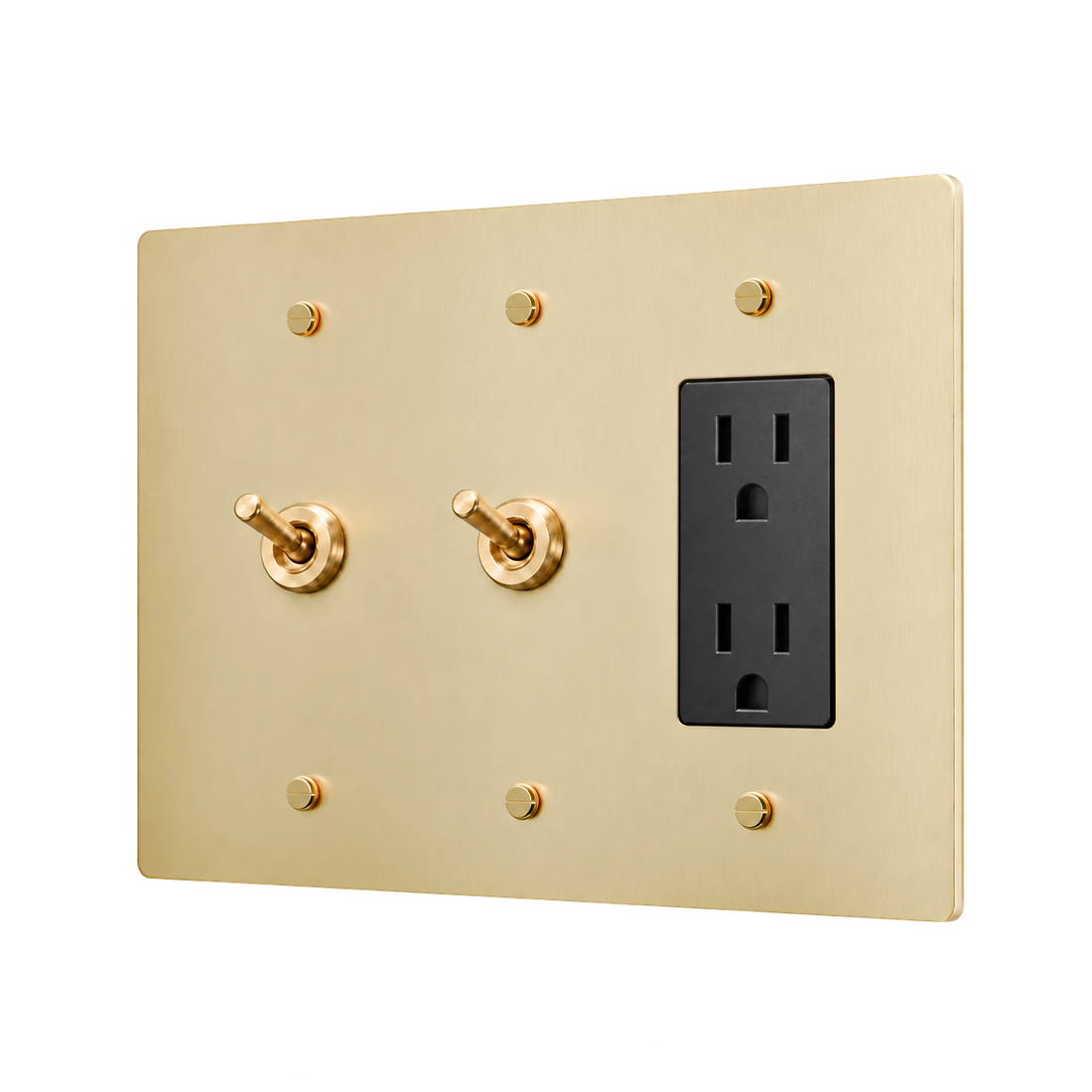 Retro Brass Plate with 2 Toggles & Duplex Outlet — 3-Gang — Satin Brass