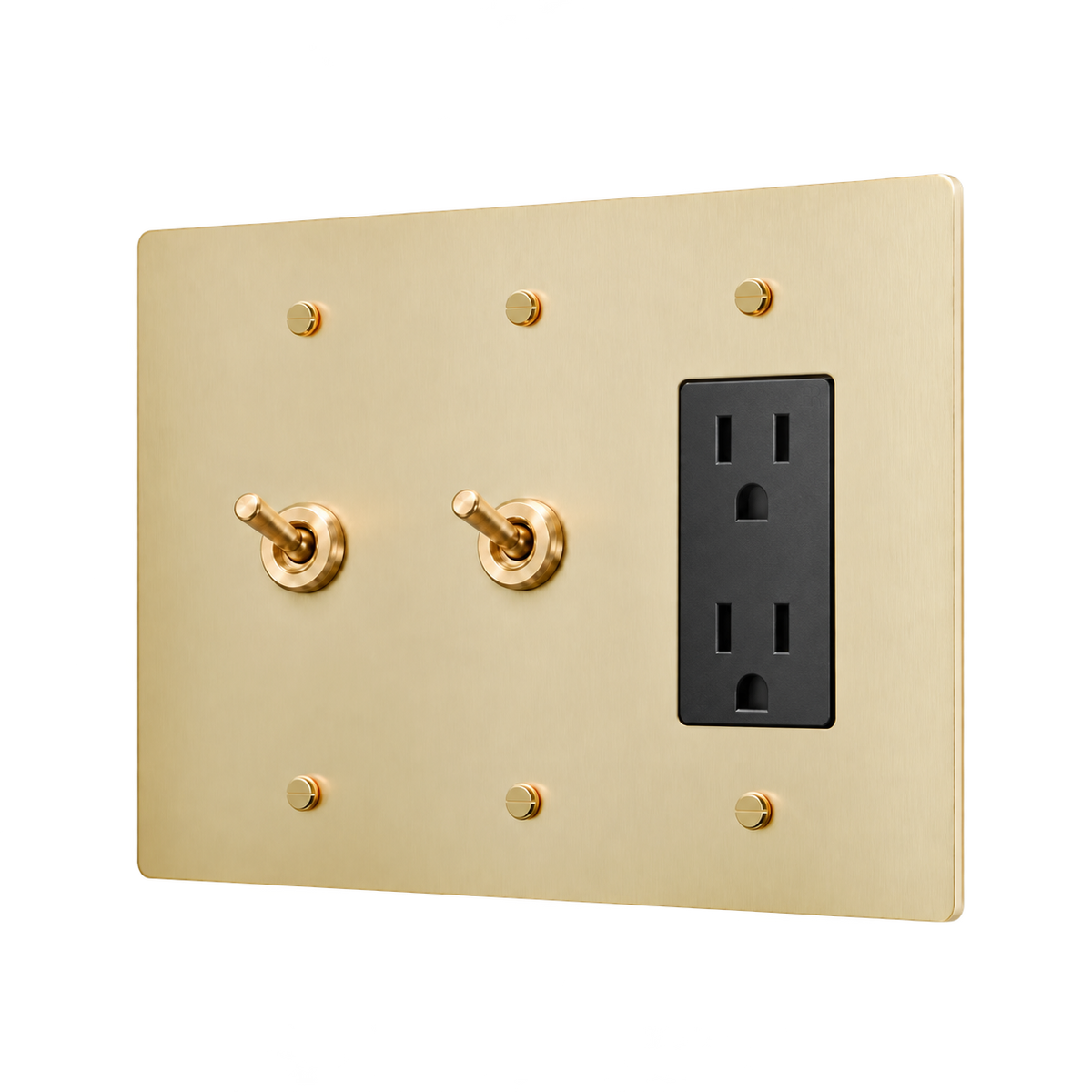 Retro Brass Plate with 2 Toggles & Duplex Outlet — 3-Gang — Satin Brass