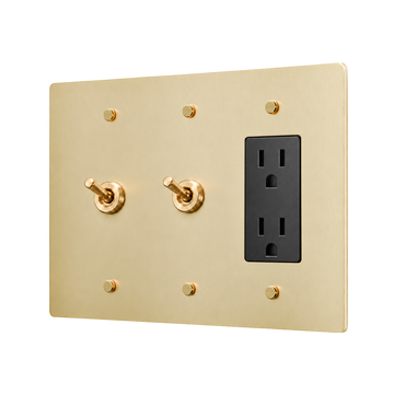 Retro Brass Plate with 2 Toggles & Duplex Outlet — 3-Gang — Satin Brass