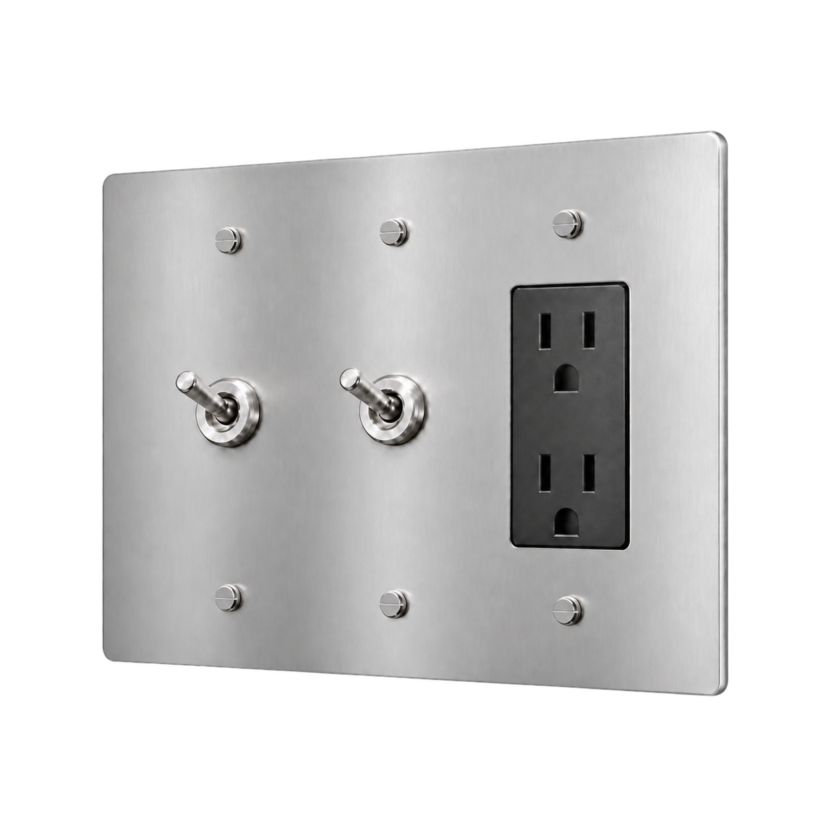 Retro Brass Plate with 2 Toggles & Duplex Outlet — 3-Gang — Stainless Steel