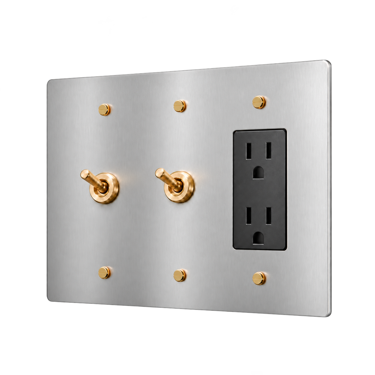 Retro Brass Plate with 2 Toggles & Duplex Outlet — 3-Gang — Stainless Steel & Brass