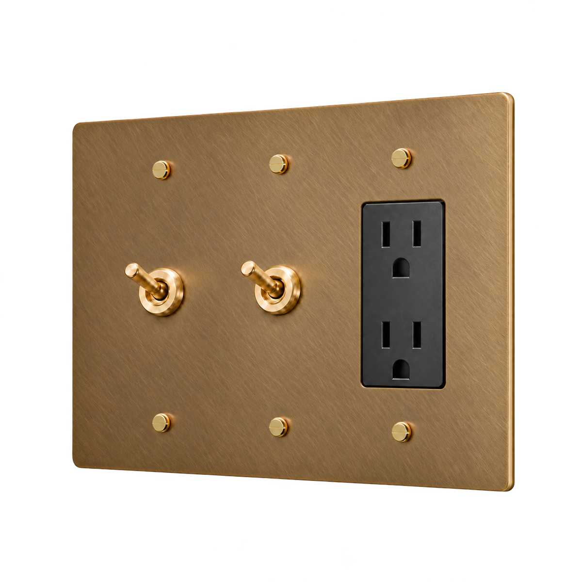 Retro Brass Plate with 2 Toggles & Duplex Outlet — 3-Gang — Unlacquered Antique Brass (Hand-Brushed)