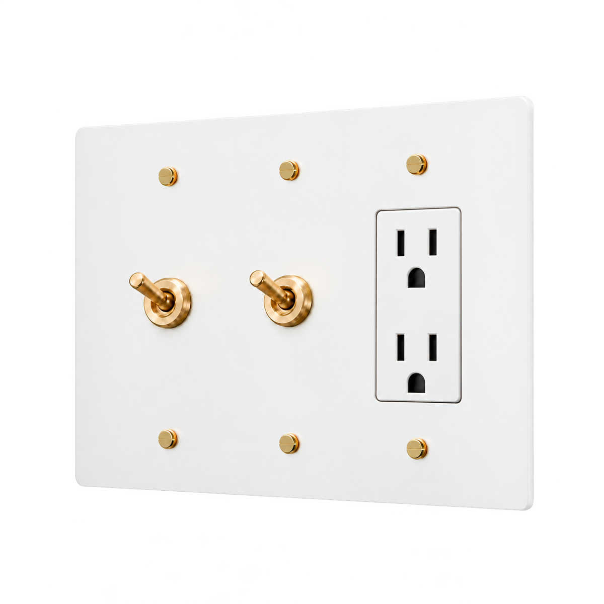Retro Brass Plate with 2 Toggles & Duplex Outlet — 3-Gang — White