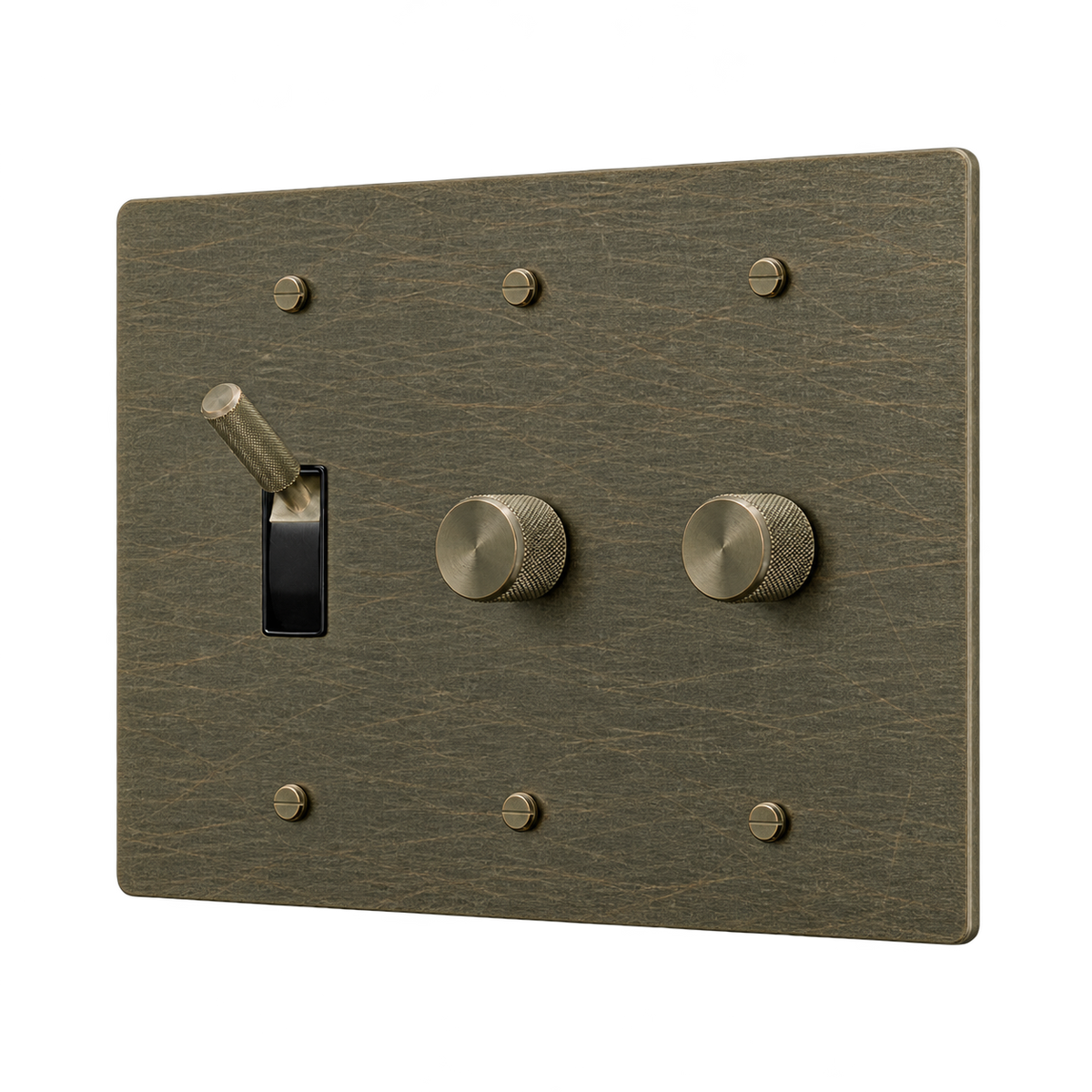 Brass Toggle & 2 Dimmers Plate — 3-Gang — Aged Bronze (Hand-Brushed)