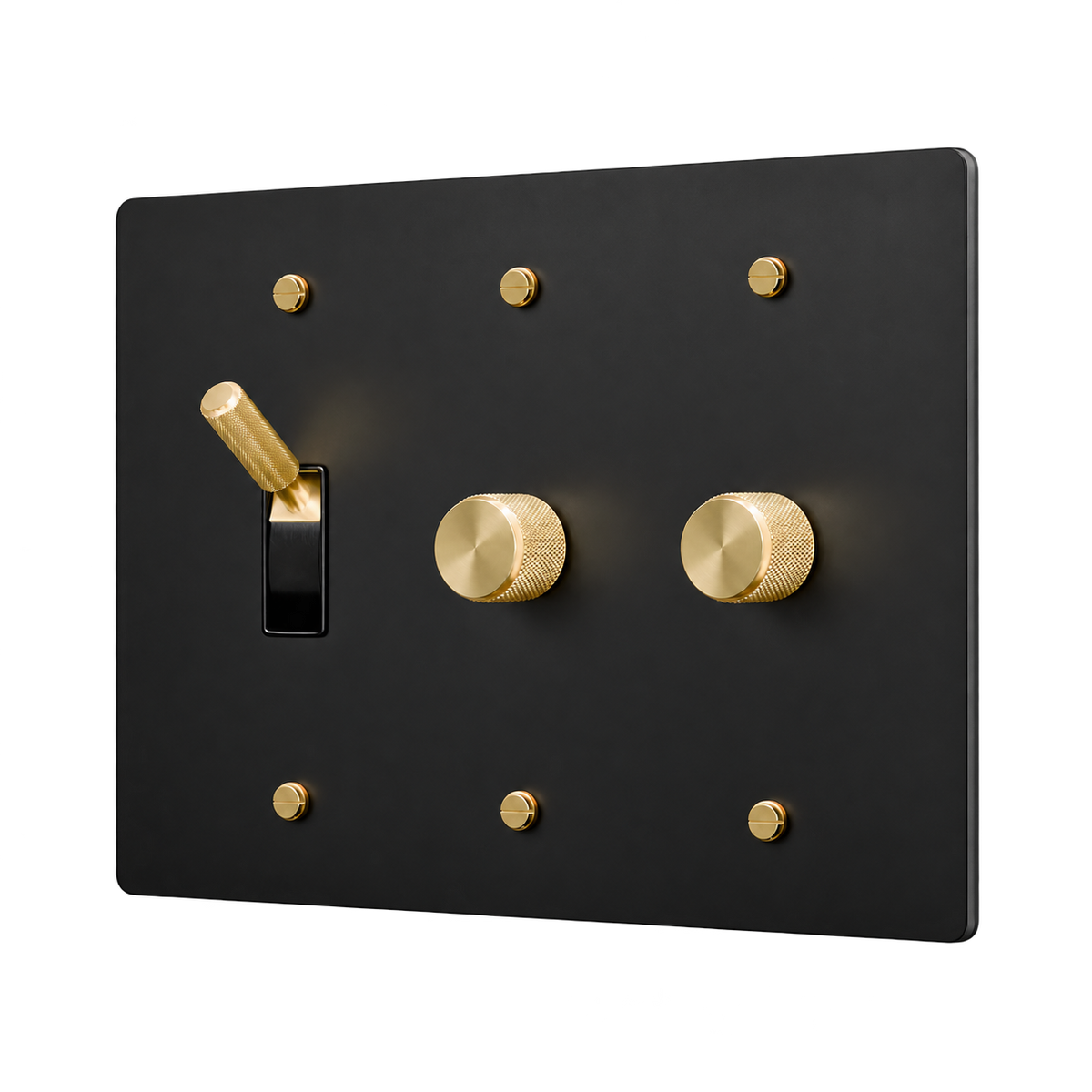 Brass Toggle & 2 Dimmers Plate — 3-Gang — Matte Black