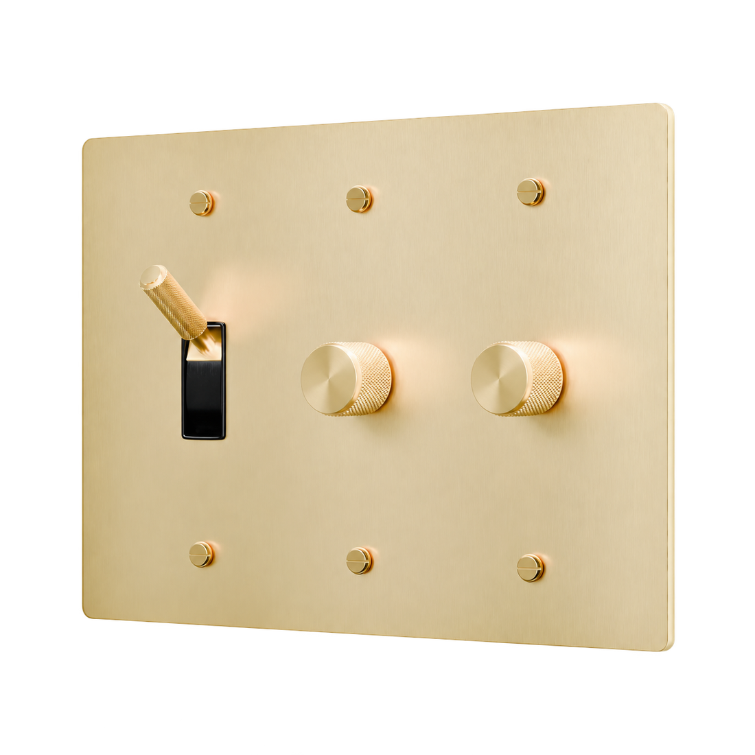 Brass Toggle & 2 Dimmers Plate — 3-Gang — Satin Brass