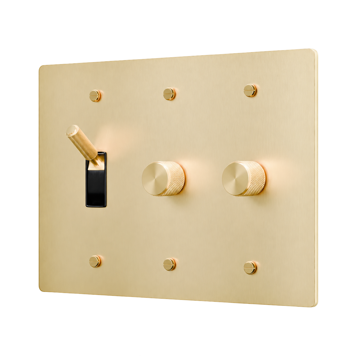 Brass Toggle & 2 Dimmers Plate — 3-Gang — Satin Brass