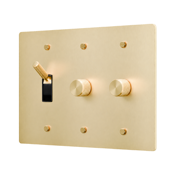 Brass Toggle & 2 Dimmers Plate — 3-Gang — Satin Brass