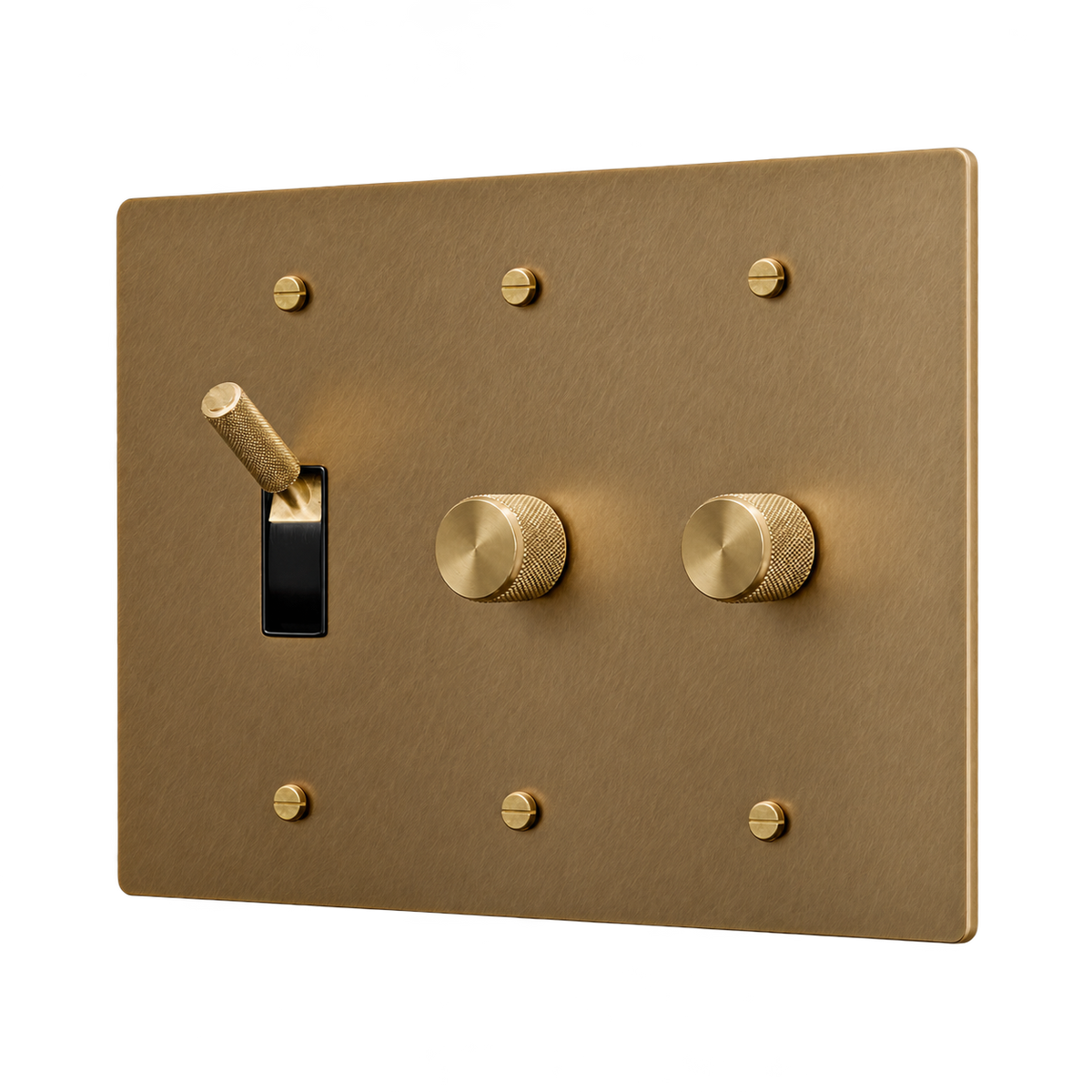 Brass Toggle & 2 Dimmers Plate — 3-Gang — Unlacquered Antique Brass (Hand-Brushed)