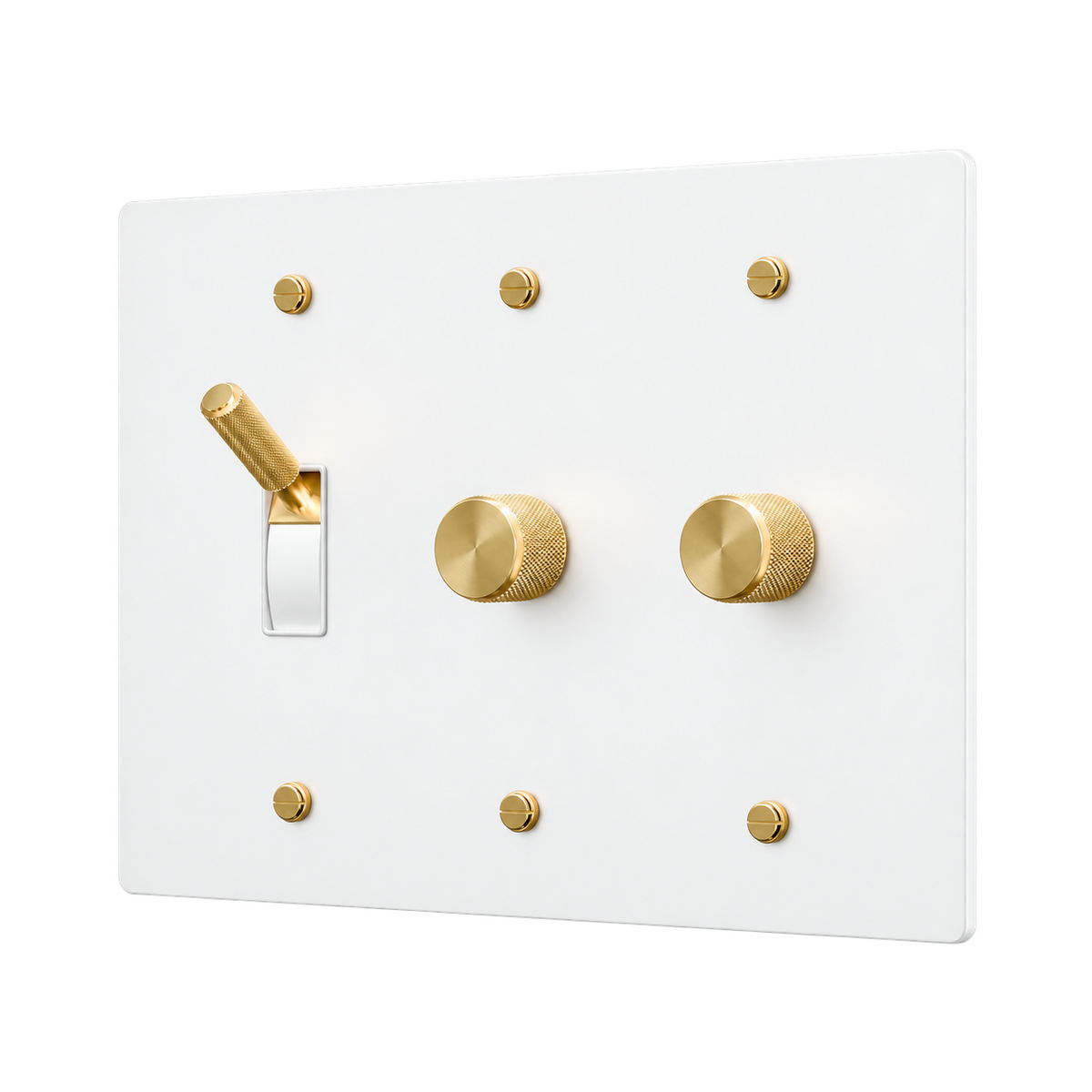 Brass Toggle & 2 Dimmers Plate — 3-Gang — White
