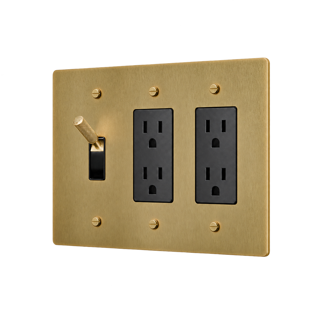 Brass Toggle & 2 Duplex Outlets Plate — 3-Gang — Satin Brass
