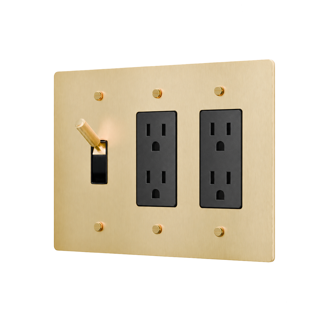 Brass Toggle & 2 Duplex Outlets Plate — 3-Gang — Satin Brass