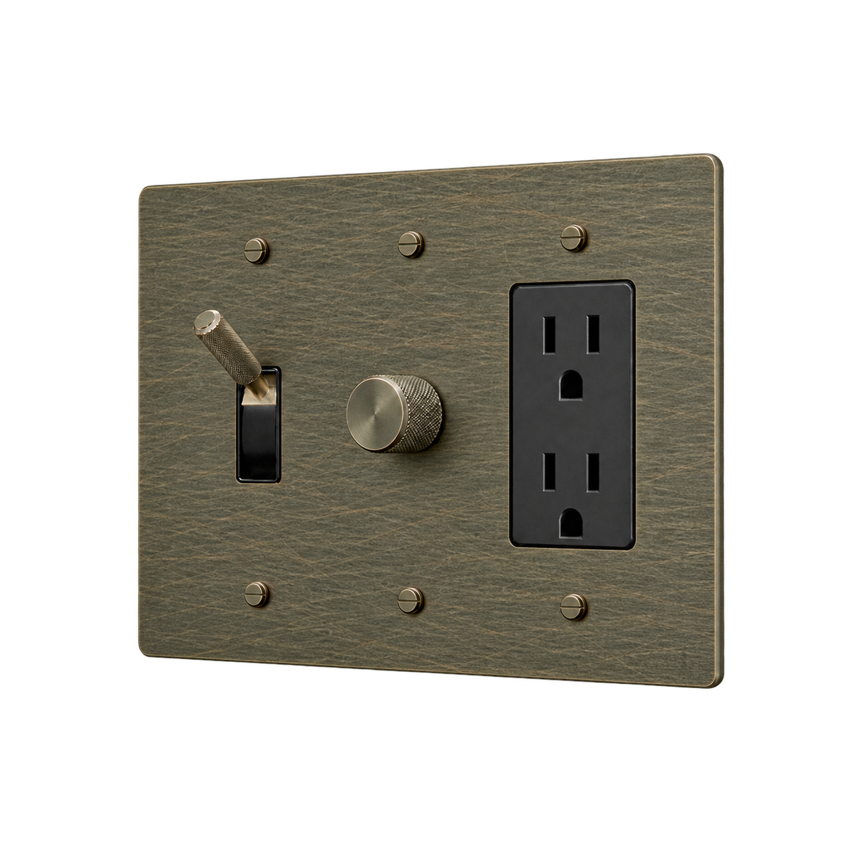 Brass Toggle, Dimmer & Duplex Outlet Plate — 3-Gang — Aged Bronze (Hand-Brushed)