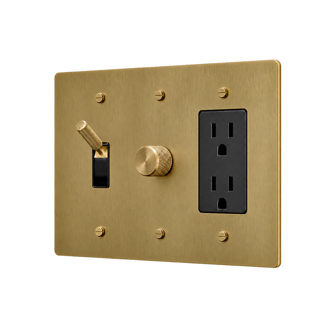 Brass Toggle, Dimmer & Duplex Outlet Plate — 3-Gang — Satin Brass
