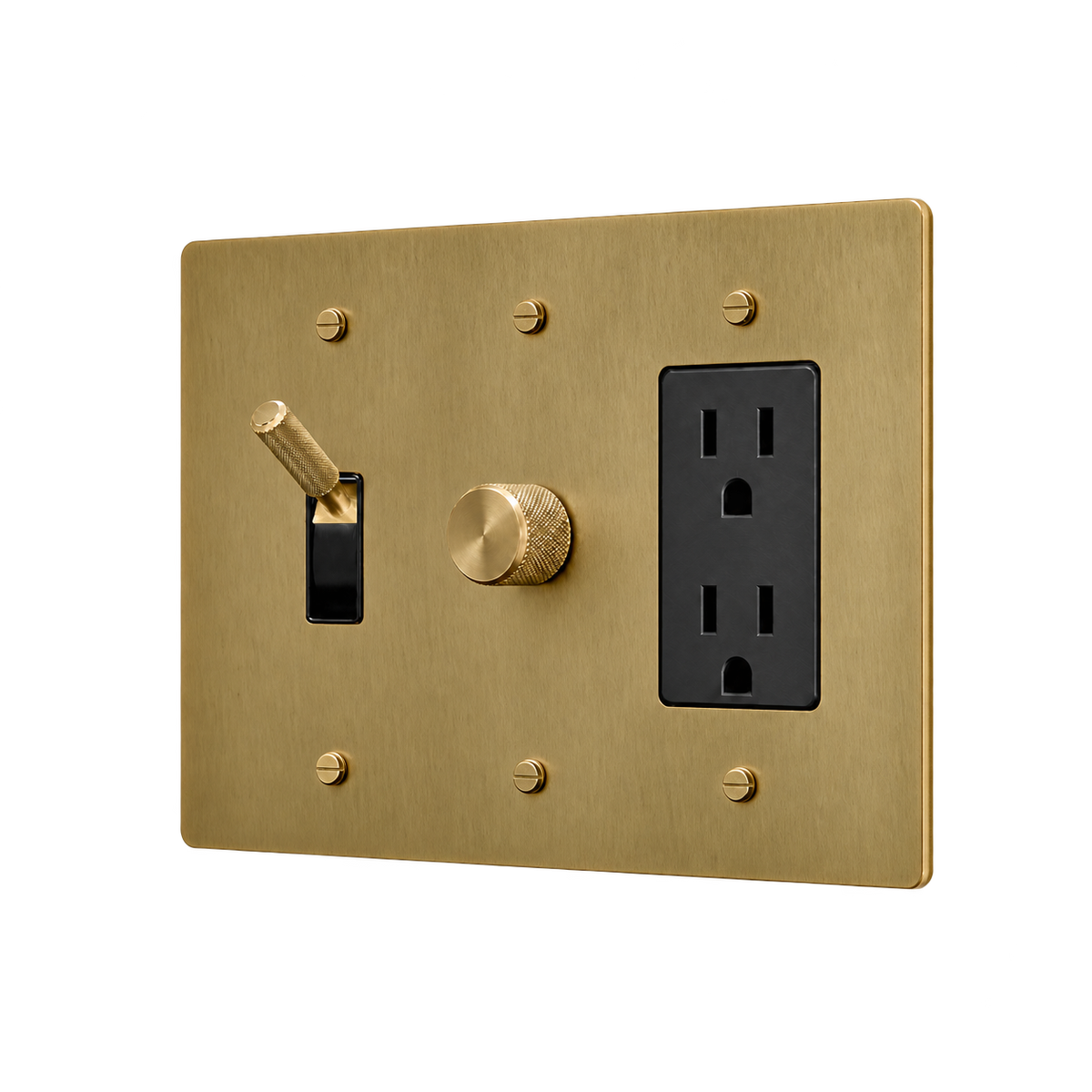 Brass Toggle, Dimmer & Duplex Outlet Plate — 3-Gang — Antique Brass (Hand-Brushed)