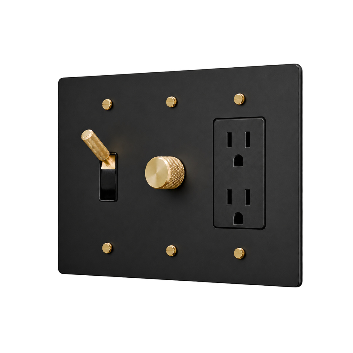 Brass Toggle, Dimmer & Duplex Outlet Plate — 3-Gang — Matte Black