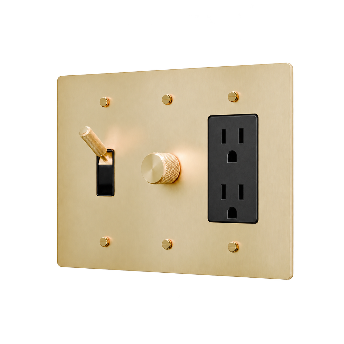 Brass Toggle, Dimmer & Duplex Outlet Plate — 3-Gang — Satin Brass