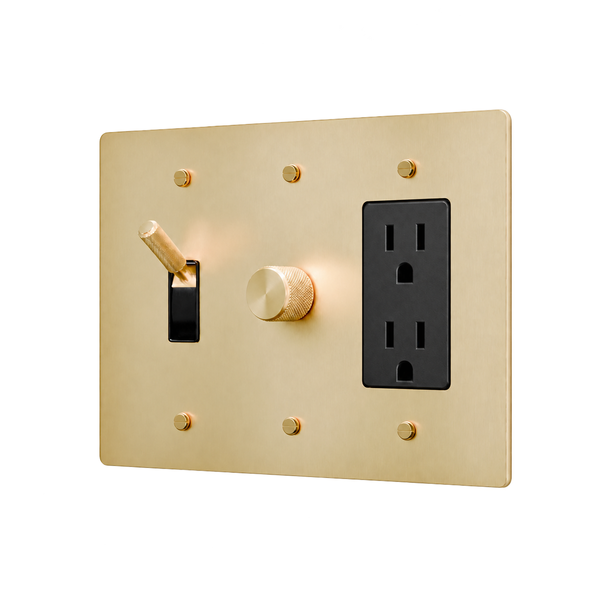Brass Toggle, Dimmer & Duplex Outlet Plate — 3-Gang — Satin Brass