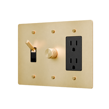 Brass Toggle, Dimmer & Duplex Outlet Plate — 3-Gang — Satin Brass