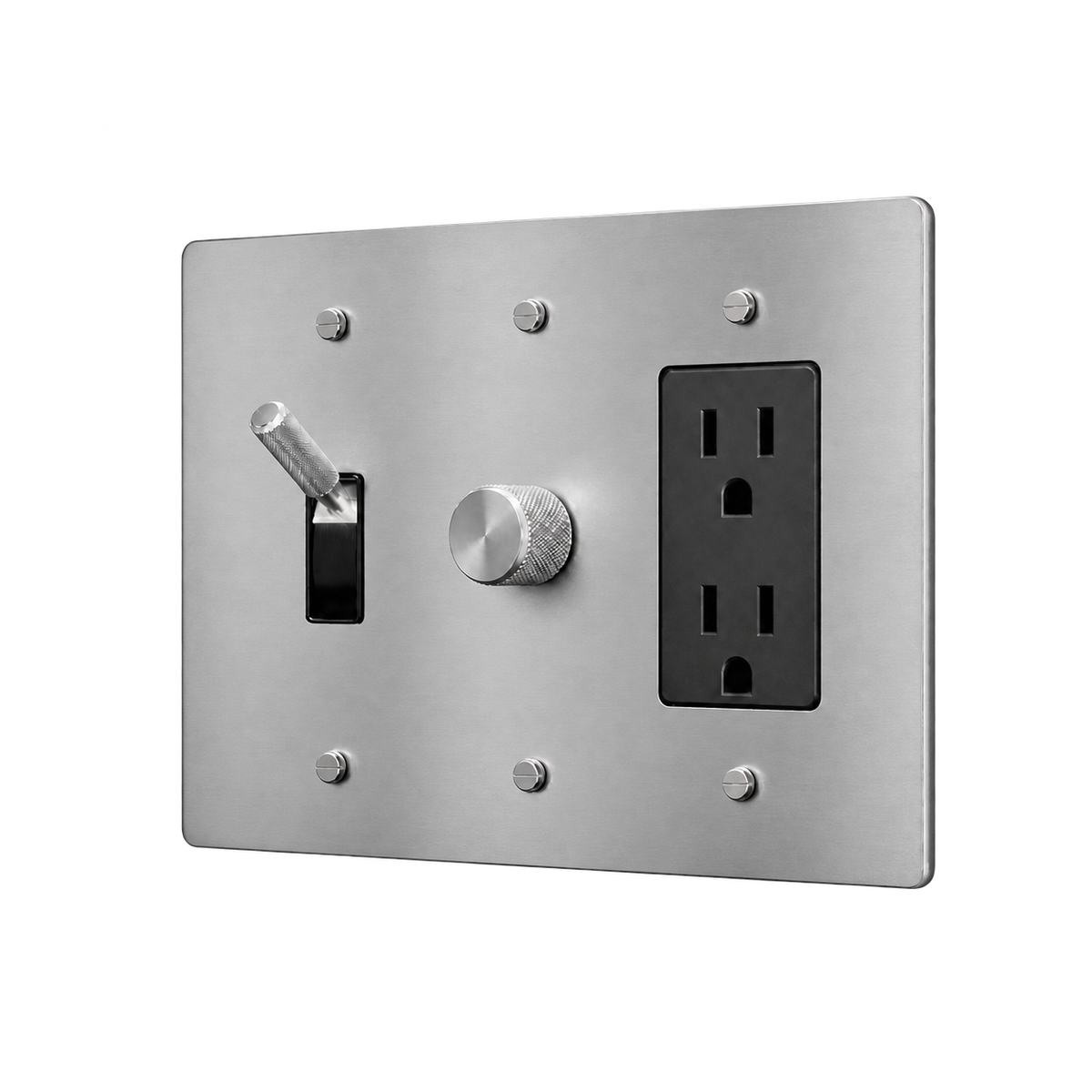 Brass Toggle, Dimmer & Duplex Outlet Plate — 3-Gang — Stainless Steel