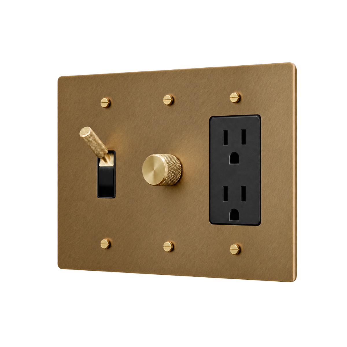 Brass Toggle, Dimmer & Duplex Outlet Plate — 3-Gang — Unlacquered Antique Brass (Hand-Brushed)