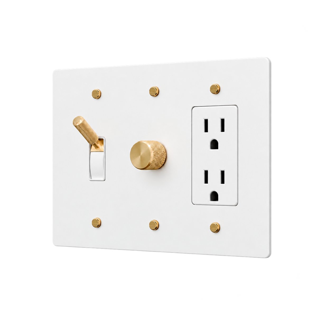 Brass Toggle, Dimmer & Duplex Outlet Plate — 3-Gang — White