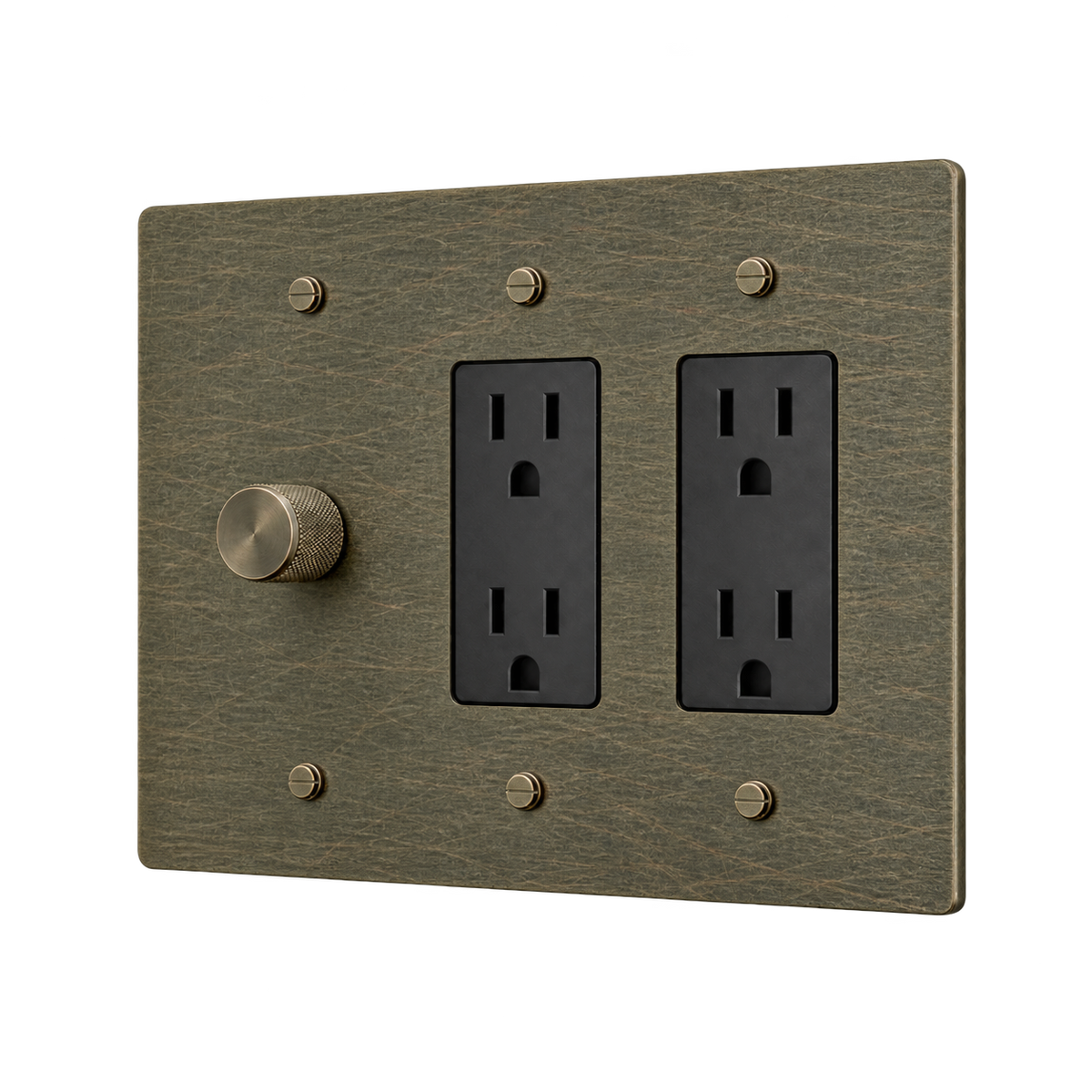 Brass Plate with Dimmer & 2 Duplex Outlets — 3-Gang — Aged Bronze (Hand-Brushed)