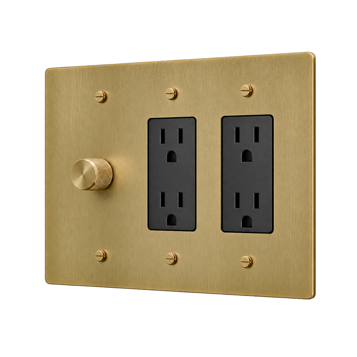 Brass Plate with Dimmer & 2 Duplex Outlets — 3-Gang — Antique Brass (Hand-Brushed)