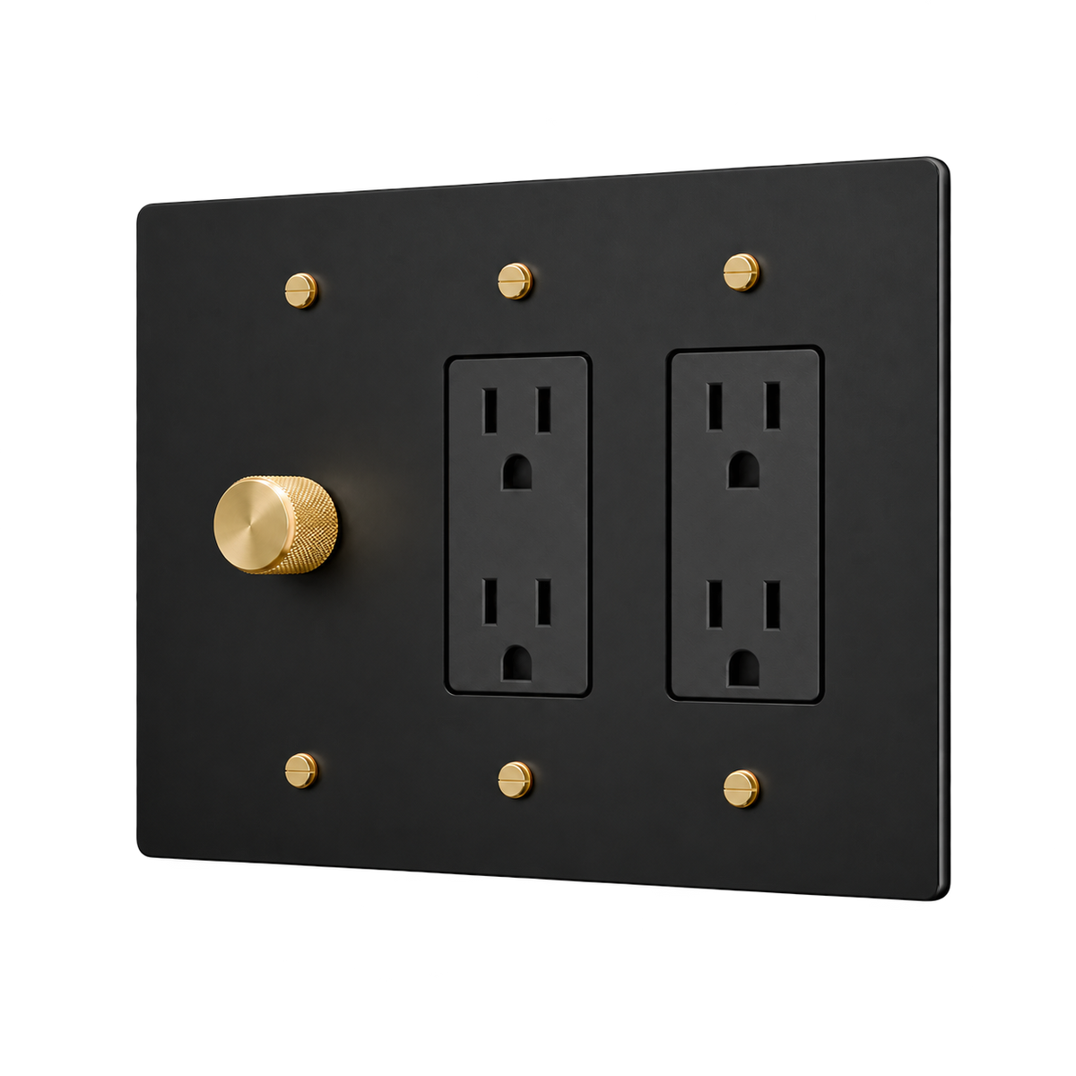 Brass Plate with Dimmer & 2 Duplex Outlets — 3-Gang — Matte Black