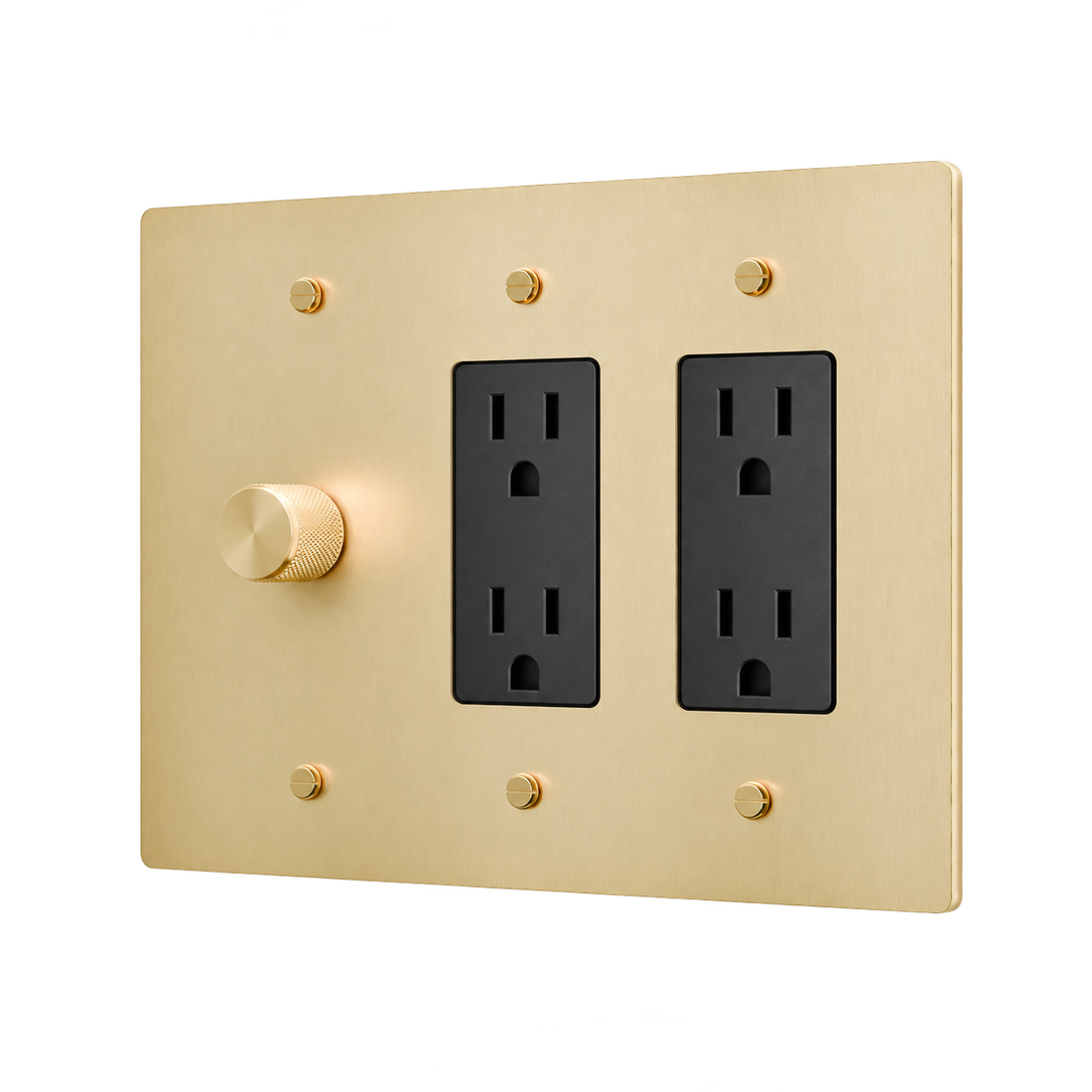 Brass Plate with Dimmer & 2 Duplex Outlets — 3-Gang — Satin Brass