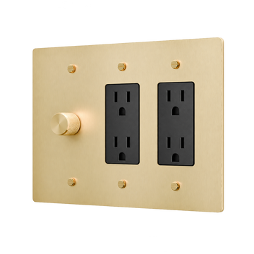Brass Plate with Dimmer & 2 Duplex Outlets — 3-Gang — Satin Brass
