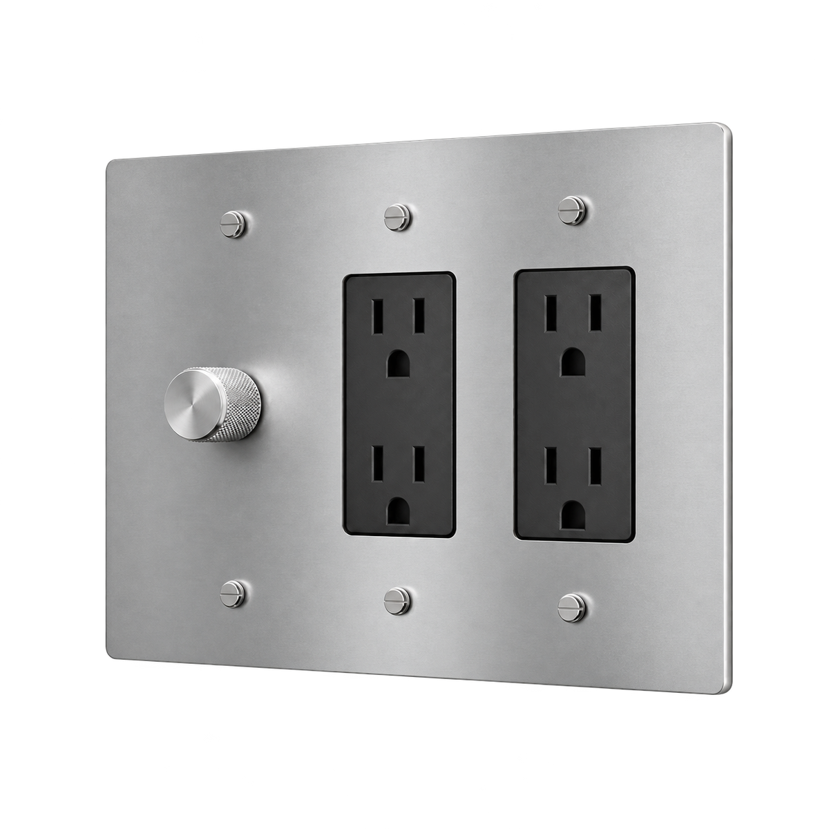 Brass Plate with Dimmer & 2 Duplex Outlets — 3-Gang — Stainless Steel